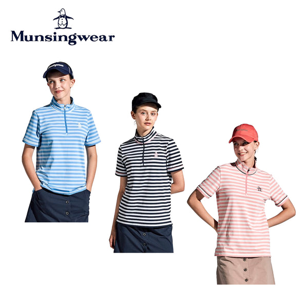 ゴルフ用品 2024年春夏 Munsingwear（マンシングウェア）製品。Munsingwear SUNSCREEN 先染めボーダー半袖スタンドジップシャツ 24SS MGWXJA06