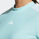 ベストスポーツ adidas（アディダス）製品。adidas アディダス レディース ゴルフウェア シャツ スリーストライプス SSモックネックシャツ NMJ69 23SS 春夏 吸汗速乾 ストレッチ ポリエステル ポリウレタン コーラルフュージョン クリアアクア ホワイト
