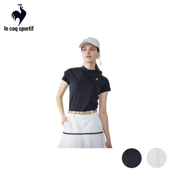ゴルフ le coq sportif（ルコックスポルティフ）製品。Le coq sportif ルコック レディース ゴルフウェア シャツ RIJOUME リジュームモックネック半袖シャツ 吸汗速乾 ストレッチ UV CUT UPF50 DESCENTE ECO QGWVJA22 23SS 春夏 ポリエステル ポリウレタン ブラック ホワイト