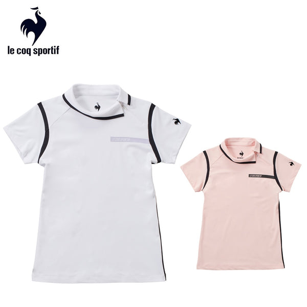 割引対象商品（3,000円以上） le coq sportif（ルコックスポルティフ）製品。Le coq sportif ルコック レディース ゴルフウェア シャツ RIJOUME 変形襟ハイネック半袖シャツ QGWVJA25 23SS 春夏 吸汗速乾 ストレッチ UV CUT UPF50 DESCENTE ECO 再生材料使用型 ポリエステル ピンク ホワイト