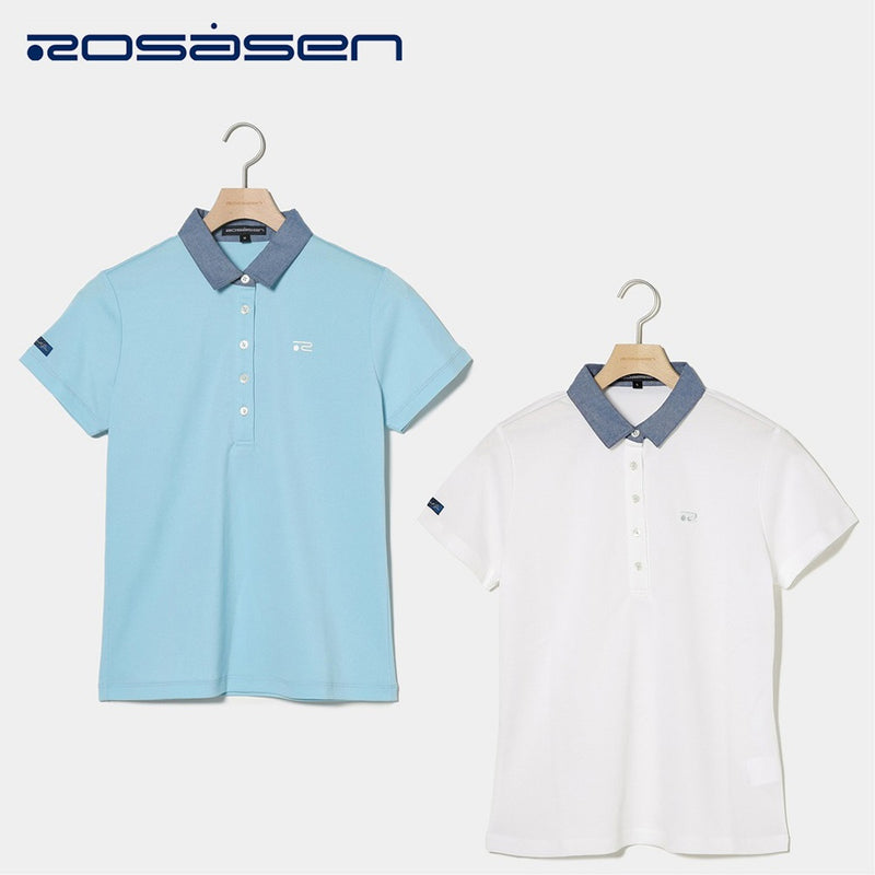 ベストスポーツ Rosasen（ロサーセン）製品。Rosasen ロサーセン レディース ゴルフウェア シャツ ドライカノコストレッチ半袖ポロ 04528441 23SS 春夏 吸水速乾 UV エコ ダンガリー素材 ポリエステル 綿 レーヨン サックス ホワイト