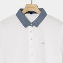 ベストスポーツ Rosasen（ロサーセン）製品。Rosasen ロサーセン レディース ゴルフウェア シャツ ドライカノコストレッチ半袖ポロ 04528441 23SS 春夏 吸水速乾 UV エコ ダンガリー素材 ポリエステル 綿 レーヨン サックス ホワイト